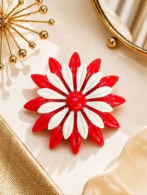 Vintage Mod Red White Enamel Daisy Flower Brooch Pin Statement